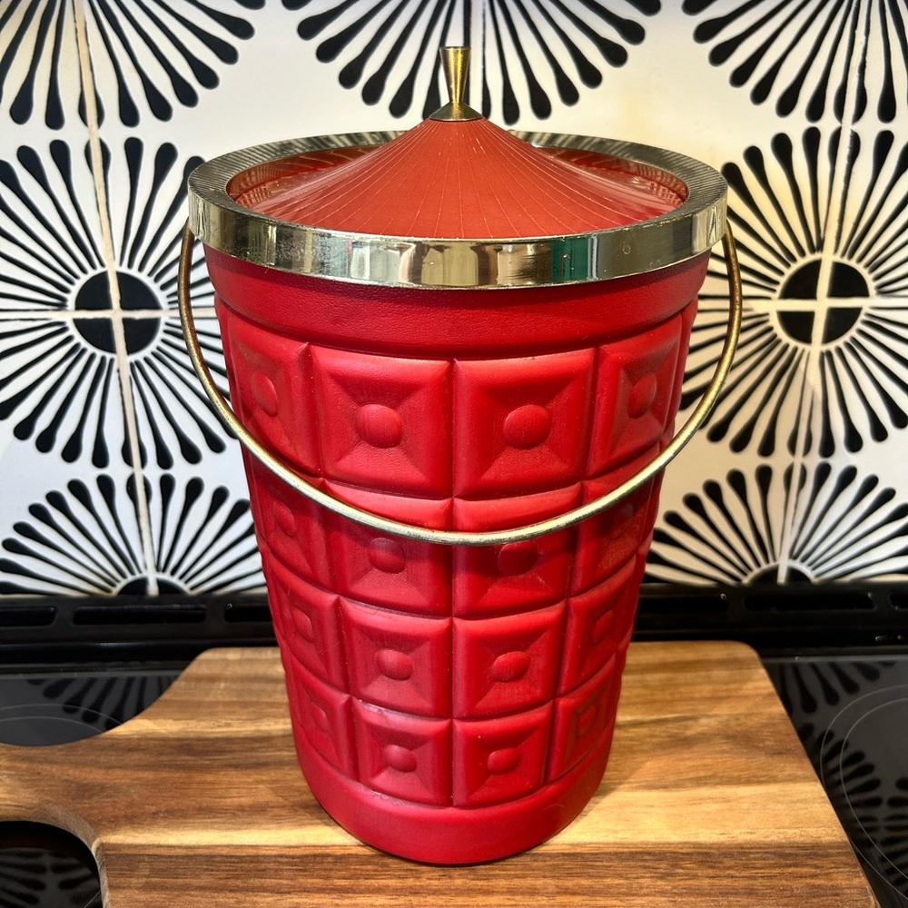 Mid-Century Modern vintage Red and Gold LustroWare Ice Bucket from the 1960’s